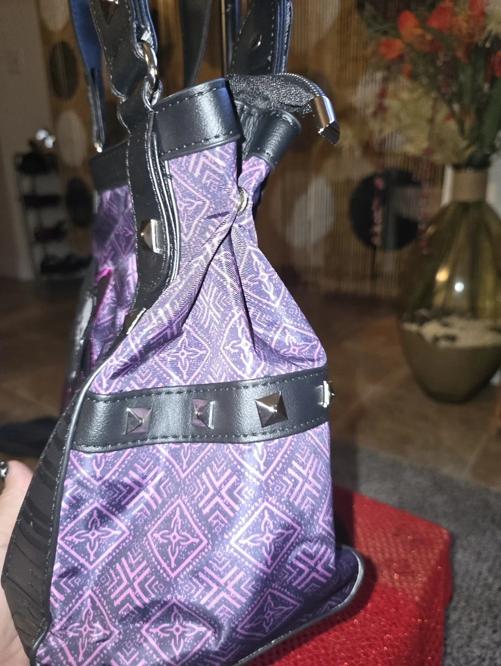Purple/Black/Pink Skull Kitty Tote Bag with Studded Straps - Picture 12 of 15